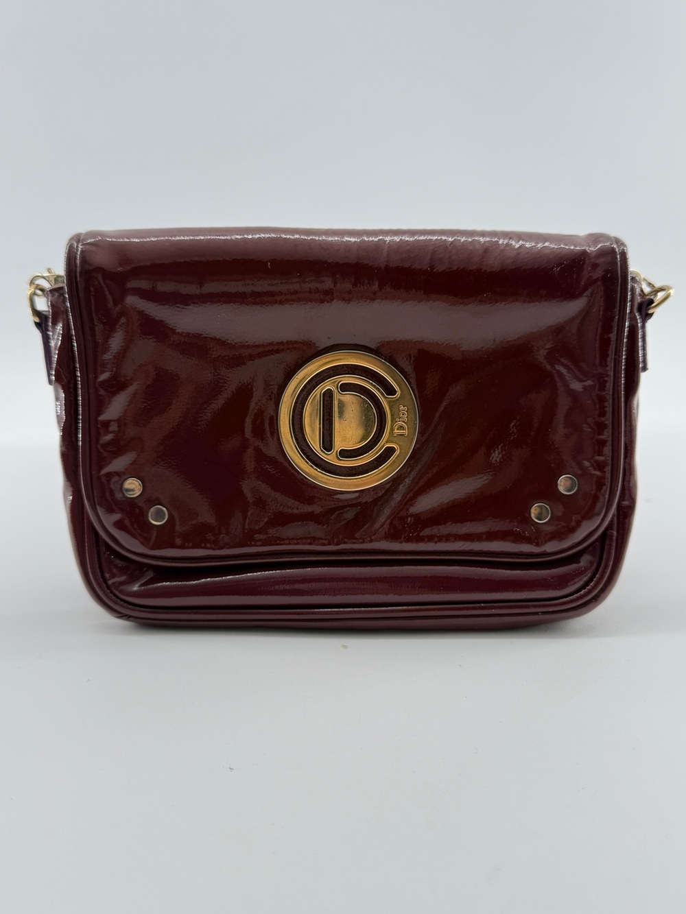 Dior Patent Leather Crossbody in Burgundy with Gold Tone Logo #BC0629